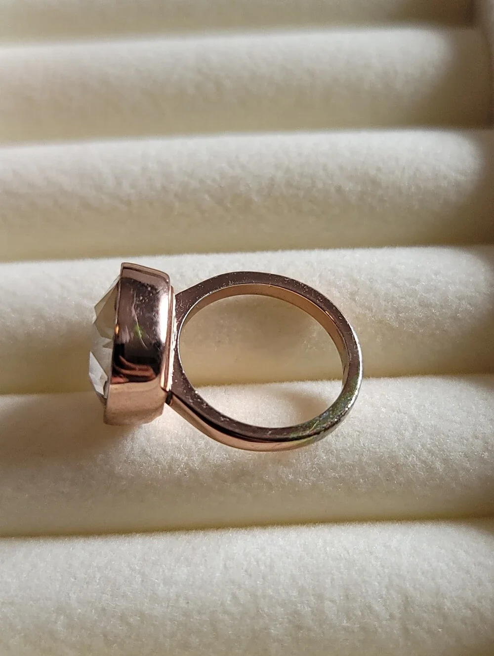 Premier Designs Ring, Rose Goldtone with Bevel Set Cushion Cut Crystal, Size 4.5
